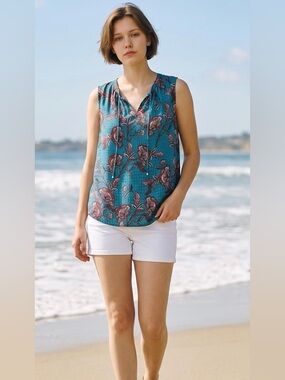 Zac & Rachel Turquoise Floral Button-Front Sleeveless Top